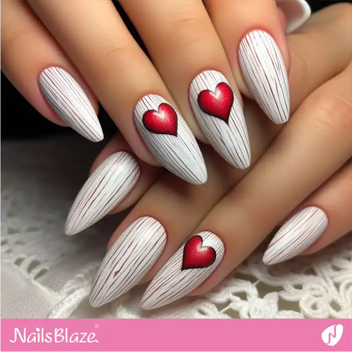 White Wood Theme Nails with Red Hearts | Valentine Nails - NB2438